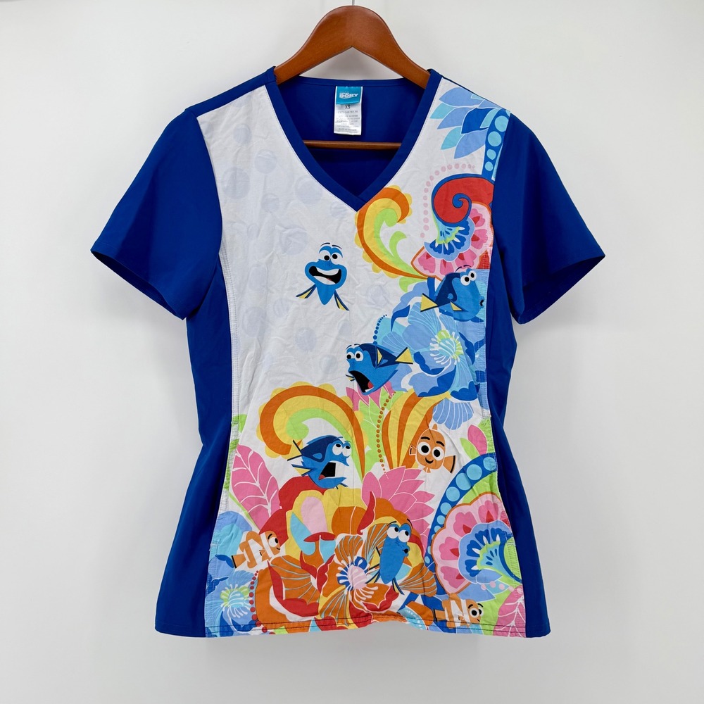 Disney Women XS Scrub Top Blue Finding Dory Nemo V-Neck Graphic Nurse Healtcare